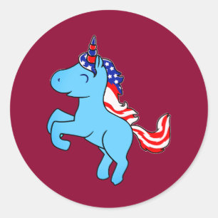 Unicorn Blue Patriotic USA Flag Mane Cartoon Classic Round Sticker
