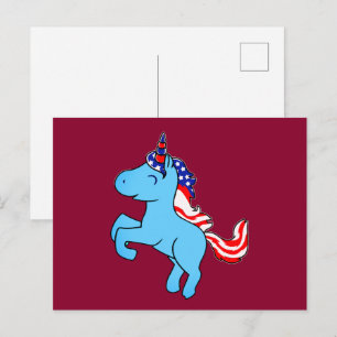 Unicorn Blue Patriotic USA Flag Mane Cartoon Postcard