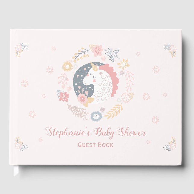 Unicorn Blush Florals Baby Shower Personalized Guest Book (Front)