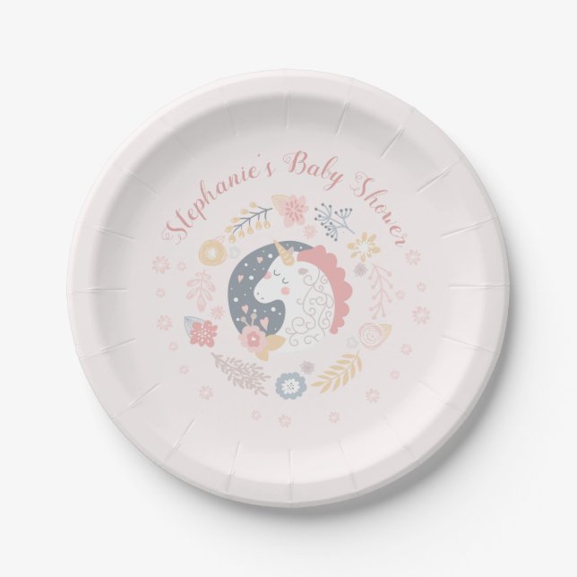 Unicorn Blush Florals Baby Shower Personalized Paper Plate (Front)