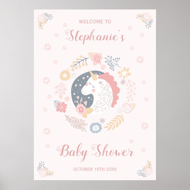 Unicorn Blush Florals Baby Shower Personalized Poster (Front)