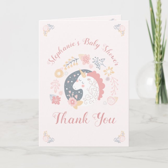 Unicorn Blush Florals Baby Shower Personalized Thank You Card (Front)