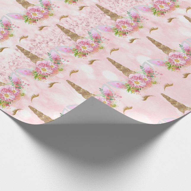 Unicorn Blush Glitter Pink Floral Princess Wrapping Paper (Corner)