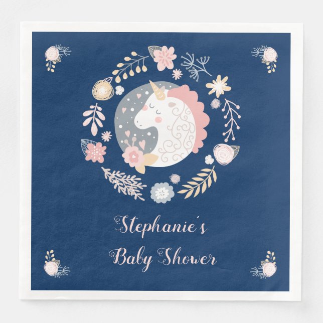 Unicorn Blush & Navy Baby Shower Personalized Napkin (Front)