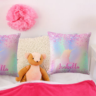 Unicorn blush pink purple name script throw pillow