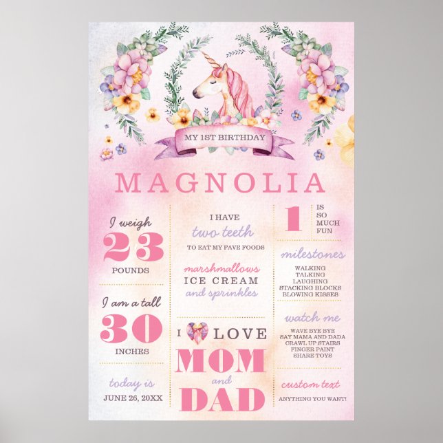 Unicorn Boho Birthday Stats Milestone Poster (Front)