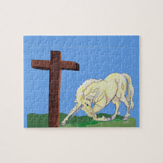 Unicorn bowing to cross Christian puzzle