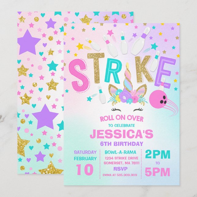 Unicorn Bowling Invitation Bowling Birthday Party (Devant / Derrière)