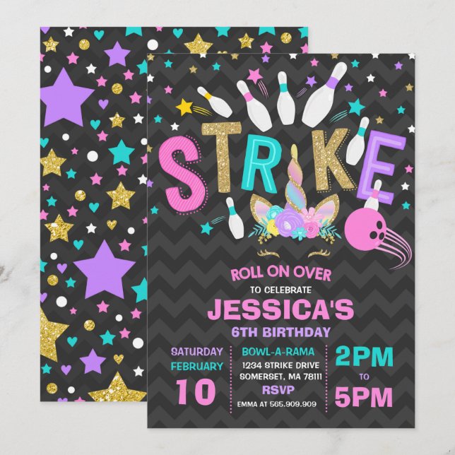 Unicorn Bowling Invitation Bowling Birthday Party (Front/Back)