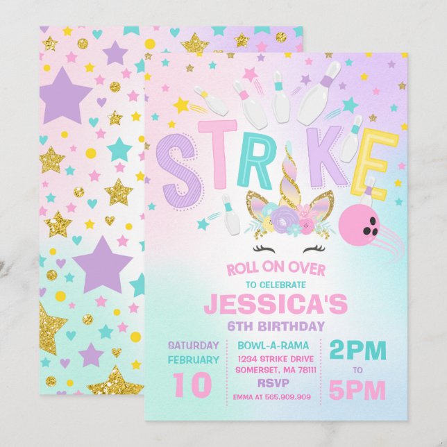 Unicorn Bowling Invitation Bowling Birthday Party (Front/Back)