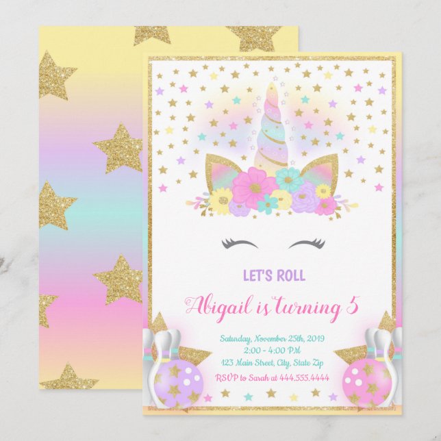 Unicorn Bowling Invitation, Unicorn Party, Bowling Invitation (Front/Back)