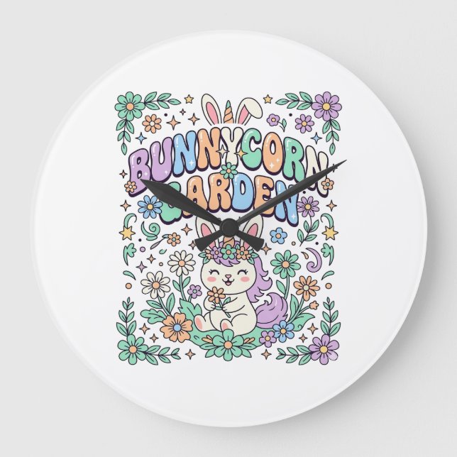 Unicorn Bunnycorn Garden Kawaii Typography Design_ Large Clock (Front)