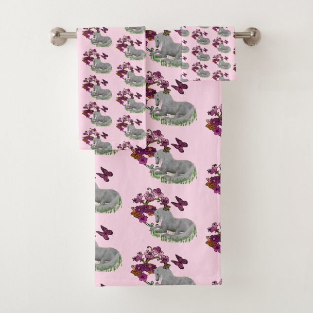 Unicorn Butterflies And Flowers Pattern Bath Towel Set (Insitu)