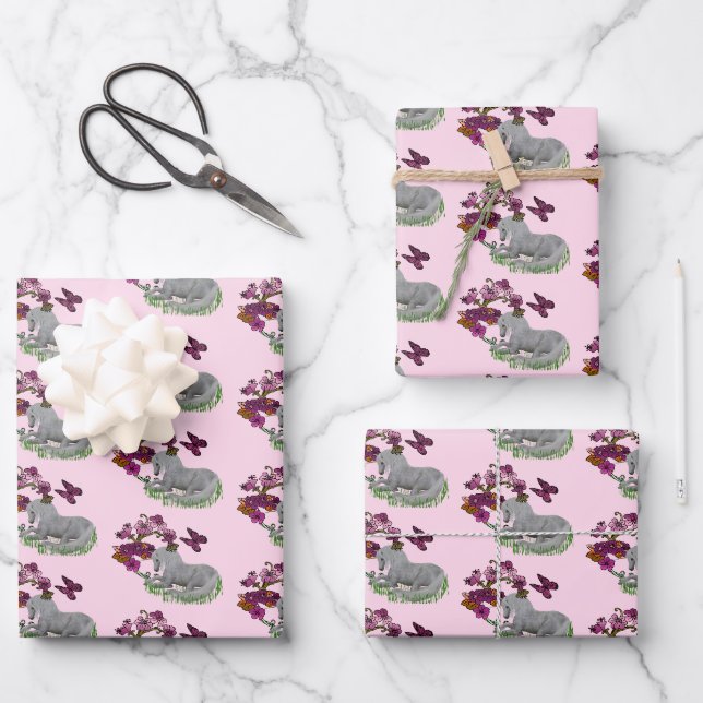 Unicorn Butterflies And Flowers  Wrapping Paper Sheet (Front)