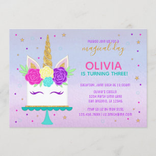 Unicorn Cake Anniversaire Invitation Pink Purple G