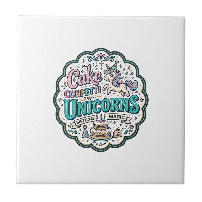 Unicorn Cake Confetti Unicorns POD Ready POD Artwo Tile (Front)