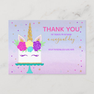 Unicorn Cake Thank You Note Pink Purple Gold Card