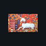 UNICORN CANVAS PRINT<br><div class="desc">Colourful, elegant fleur de lys and heraldic motives, floral swirls red blue, flowers with a white sitting unicorn , digital elaboration from an ancient medieval miniature</div>