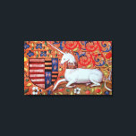 UNICORN CANVAS PRINT<br><div class="desc">Colourful, elegant fleur de lys and heraldic motives, floral swirls red blue, flowers with a white sitting unicorn , digital elaboration from an ancient medieval miniature</div>