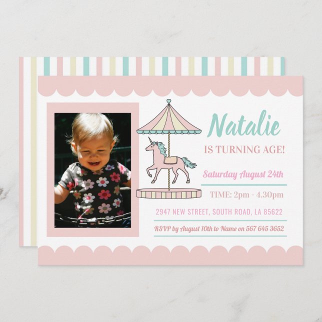 Unicorn Carousel Birthday Invitation Pink Photo (Front/Back)