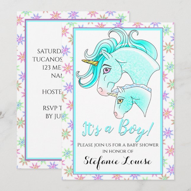Unicorn Cartoon Blue Dapple It's a Boy! Invitation (Front/Back)