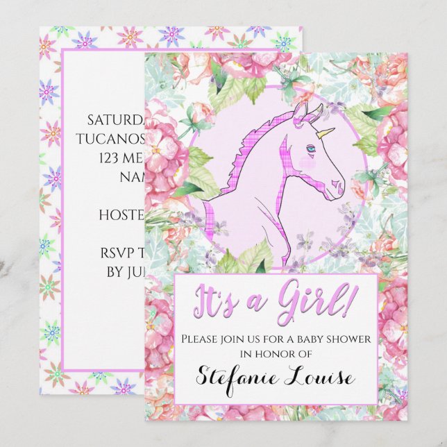 Unicorn Cartoon Pink Circle It's a Girl! Invitation (Front/Back)