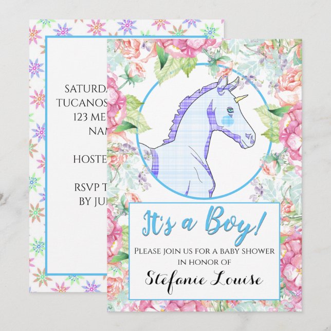 Unicorn Cartoon Pink Tarta It's a Boy! Invitation (Front/Back)