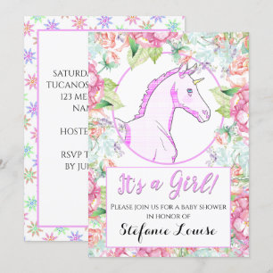 Unicorn Cartoon Pink Tarta It's a Girl! Invitation