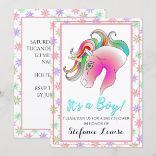 Unicorn Cartoon Rainbow It's a Boy! (gold horn) Invitation