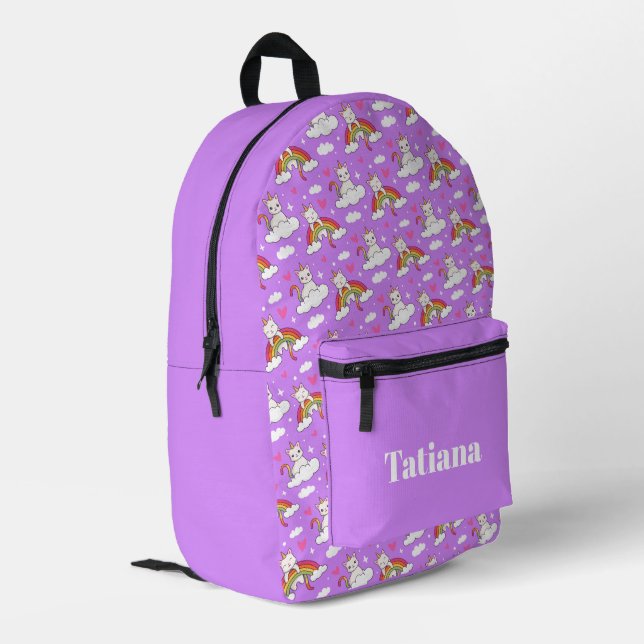 Unicorn cat animals on rainbows pattern printed backpack (Back Corner Left)