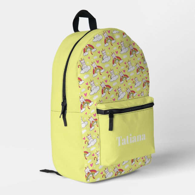 Unicorn cat animals on rainbows pattern printed backpack (Back Corner Left)