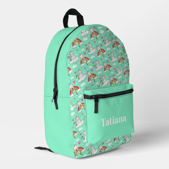 Unicorn cat animals on rainbows pattern printed backpack (Back Corner Left)