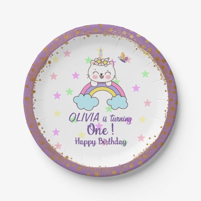 Unicorn Cat Rainbow Golden purple 1st Birthday Paper Plate (Front)