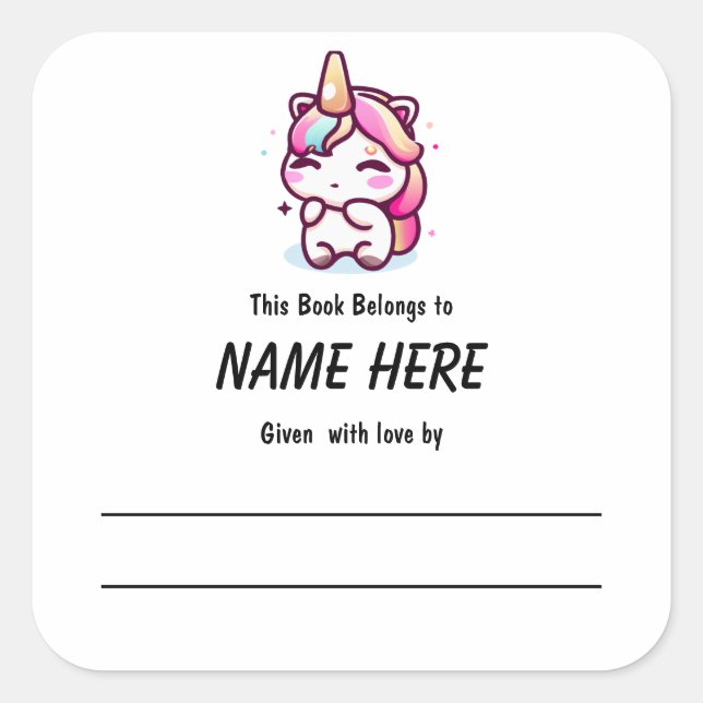Unicorn Children's Bookplate With Message Square Sticker (Front)