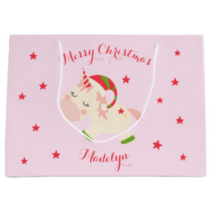 Unicorn Christmas Holiday Personalized Pink Large Gift Bag