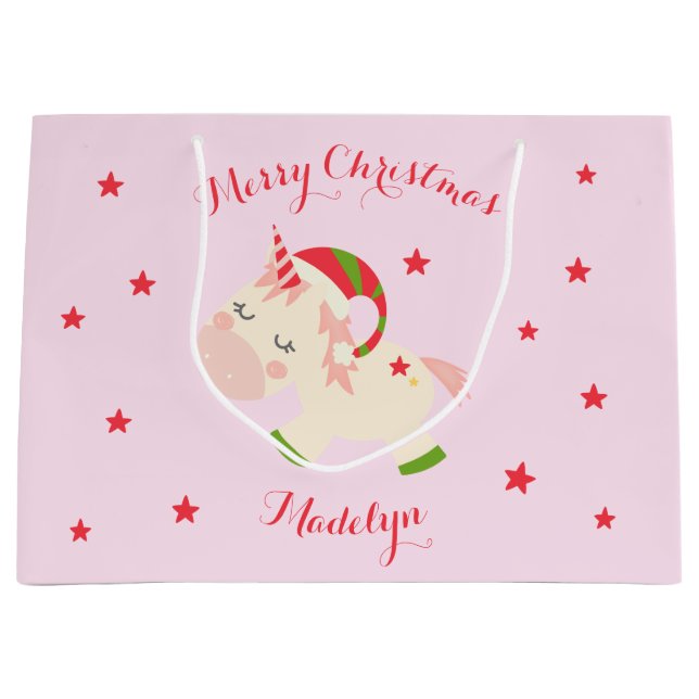 Unicorn Christmas Holiday Personalized Pink Large Gift Bag (Front)