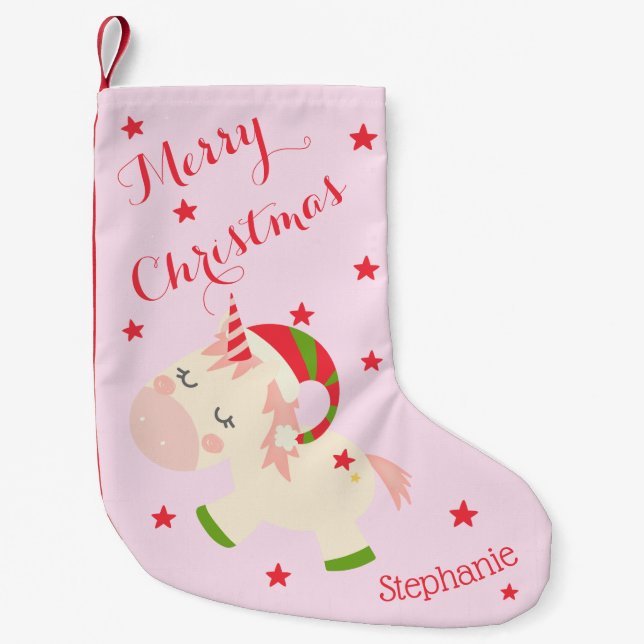 Unicorn Christmas Holiday Personalized Pink Small Christmas Stocking (Front)