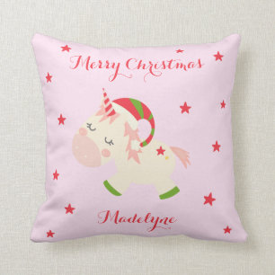 Unicorn Christmas Holiday Personalized Pink Throw Pillow