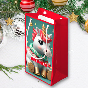 Unicorn Christmas Personalized Kids Red Small Gift Bag