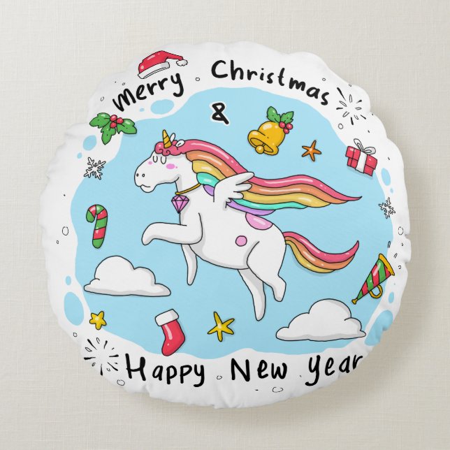 Unicorn Christmas Round Pillow (Front)