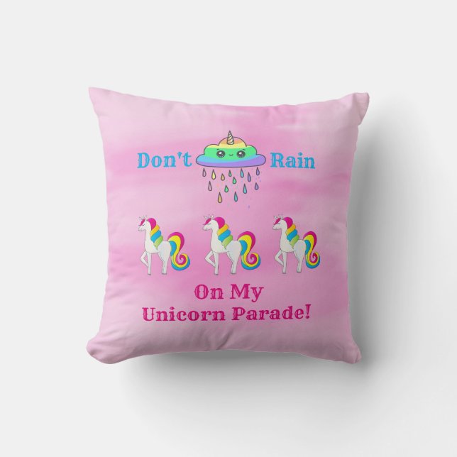 Unicorn Cloud Cartoon Cute Fun Girly Pink Throw Pillow (Front)