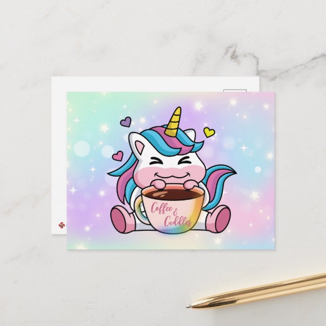 Unicorn Coffee and Cuddles Postcard (Front/Back In Situ)
