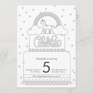 Unicorn Colouring Page Birthday Inviation Invitation