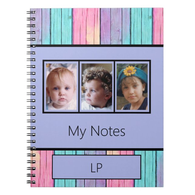 Unicorn colours 3 photo initials purple notebook (Front)
