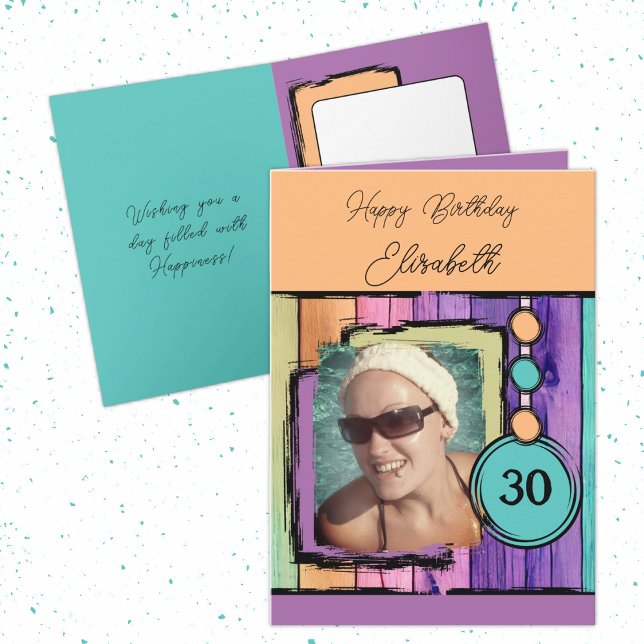Unicorn colours faux wood add photo 30th birthday card (Creator Uploaded)
