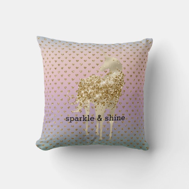 Unicorn Confetti Ombre Gold Glitter Hearts Throw Pillow (Front)