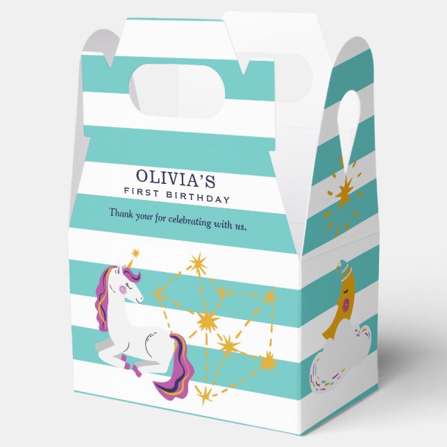 Unicorn Constellation Green 1st Birthday Thank You Favor Box (Opened)
