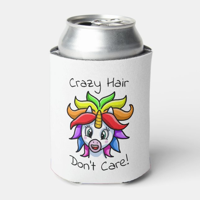 Unicorn Crazy Hair Don't Care Funny Can Cooler (Can Front)
