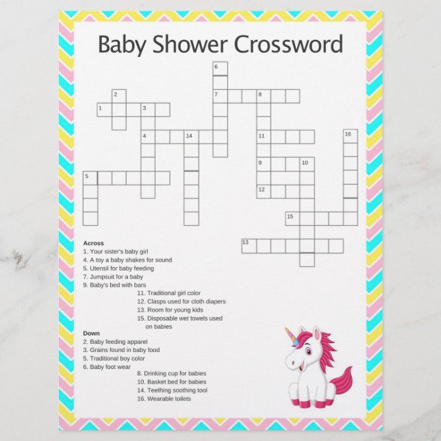 Unicorn Crossword Baby Shower Game (Front)