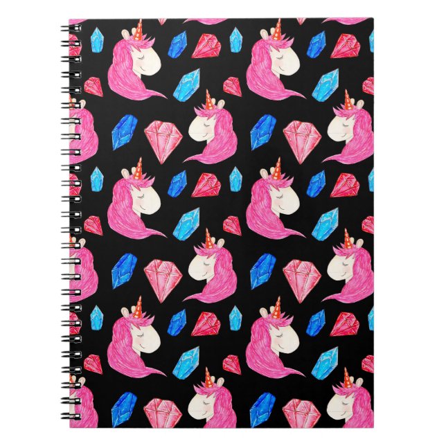 Unicorn, crystals: magical watercolor pattern. notebook (Front)